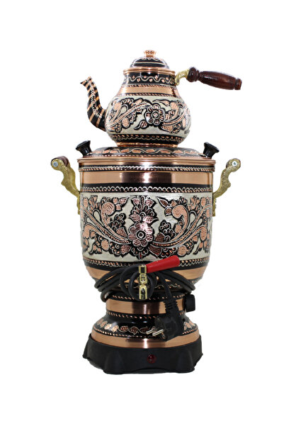 Erzincan Bakırcısı EL İŞLEME ÇİÇEK DESENLİ TERMOSTATLI SİLİNDİR SEMAVER (BAKI...