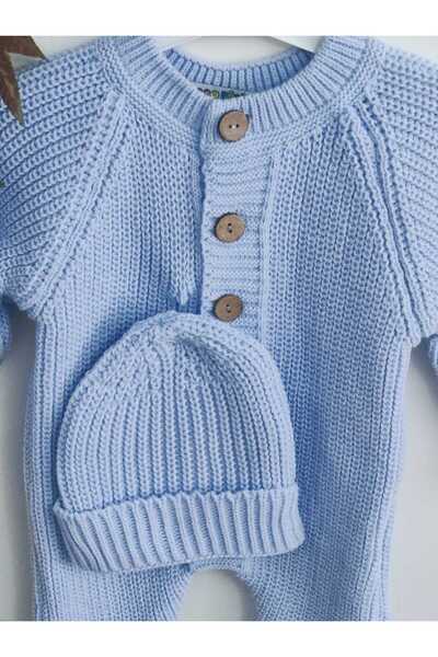 Meriç bebe Şapkalı Düğmeli Mavi Selanik Örgü Triko Bebek Tulum