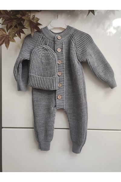 Meriç bebe Buttoned Gray Selanik Knitted Knitted Baby Jumpsuit with Hat