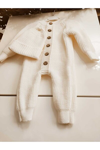 Meriç bebe Şapkalı Düğmeli Ekru Selanik Örgü Triko Bebek Tulum