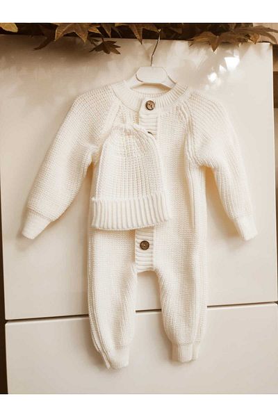 Meriç bebe Buttoned Ecru Selanik Knitted Knitted Baby Jumpsuit with Hat