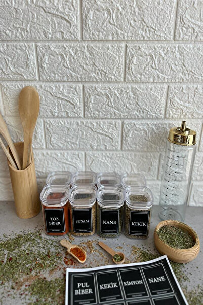 TARÇIN HOMES 8'li 200 Ml Vakumlu Şeffaf Kapaklı Etiketli Akrilik Baharatlık T...