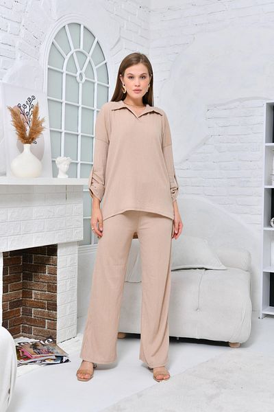 VOLT CLOTHİNG Kadın Polo Yaka Gofre Pantolonlu Takım