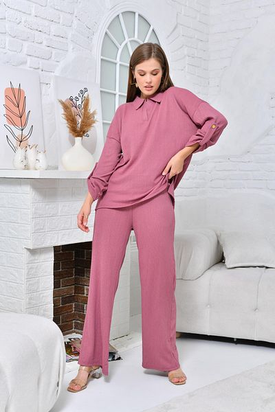 VOLT CLOTHİNG Kadın Polo Yaka Gofre Pantolonlu Takım