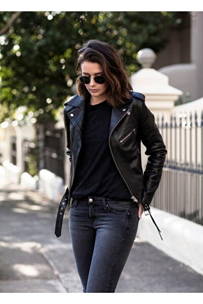 royalmoni Jachetă din piele neagră sport din piele de miel autentică pentru femei, cu centură