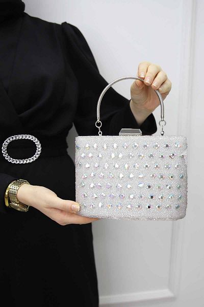 ROZA CANTA Γυναικείο βραδινό φόρεμα από λευκή πέτρα Clutch Clutch Τσάντα Portfolio