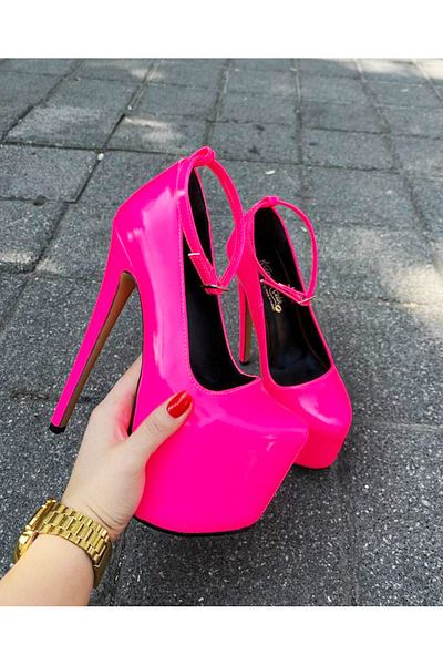 Afilli Women's Fuchsia Pink Neon Phosphor Patent Leather Platform Sole Thin High Heel Evening Dress Heeled Shoes
