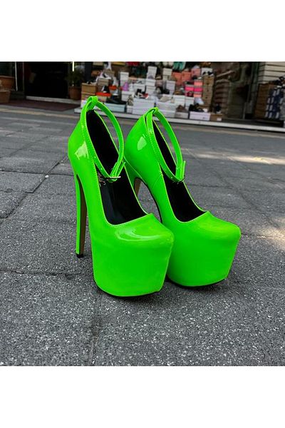 Afilli Rochie de seară cu toc înalt, cu talpă cu platformă strălucitoare, din piele verde neon fosfor, pantofi cu toc