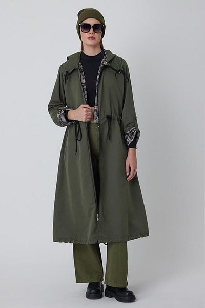 AYASOFYA OTANTIK Women's Khaki Hooded Drawstring Waist Foldable Sleeves Pocket Plus Size Overseize Trench Coat