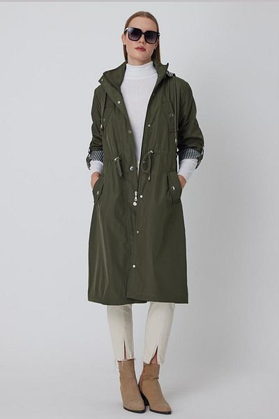 AYASOFYA OTANTIK Women's Khaki Removable Hooded Trench Coat with Drawstring at the Waist, Foldable Sleeves and Pockets