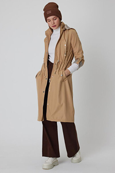 AYASOFYA OTANTIK Kadın Bej Çıkarılabilen Kapüşonlu Belden Büzgülü Katlanabilen Kollu Cepli Trençkot