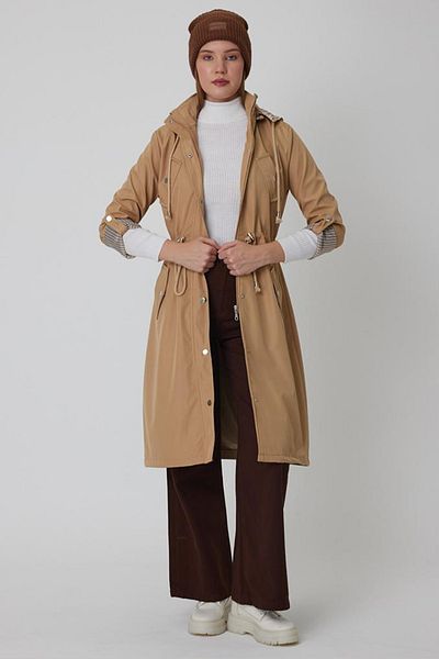 AYASOFYA OTANTIK Women's Beige Removable Hooded Trench Coat with Drawstring at the Waist, Foldable Sleeves and Pockets