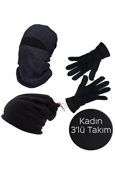 Mrey Kadın Siyah Kışlık Termal Polar Eldiven - Kar Maskesi Motorcu Kask - İpli Bere Boyunluk 3'lü Set
