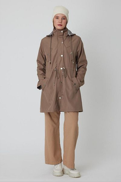 AYASOFYA OTANTIK Women's Mink Removable Hooded Trench Coat with Drawstring at the Waist, Foldable Sleeves and Pockets