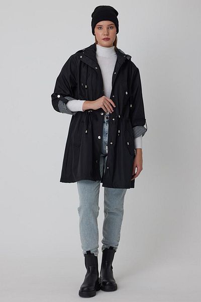 AYASOFYA OTANTIK Women's Black Removable Hooded Trench Coat with Drawstring at the Waist, Foldable Sleeves and Pockets