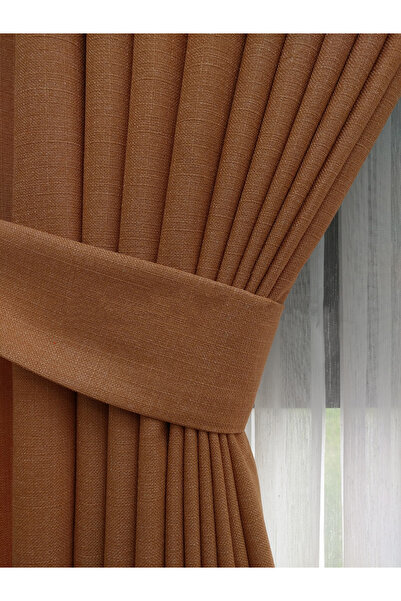 Evdepo Home Taç Turuncu Düz Renk Keten Fon Perde, 1/2 Seyrek Pile, Tek Kanat