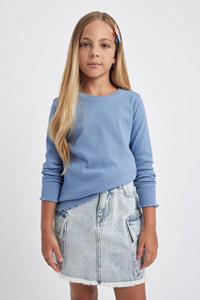 DeFacto Tricou cu mânecă lungă pentru fetiță, cu decolteu circular, cu nervuri