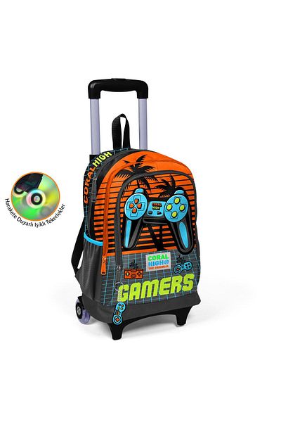 Yaygan Coral High Kids Gamer Patterned Orange Gray School Backpack with Squeegee - Three Compartments 23946