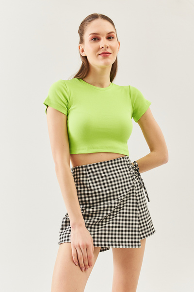 Butikgiz الفستق الأخضر كم قصير طاقم الرقبة جاهزة 100٪ قطن بروتيل مرن بلوزة ال...