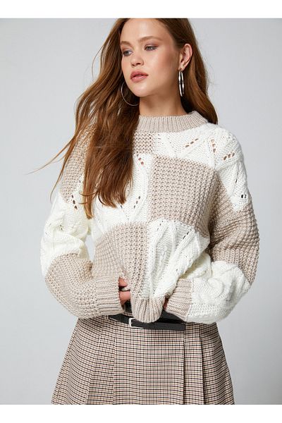 Koton Crew Neck Standard Plain White - Beige Sweater Women 4WAL90025HT