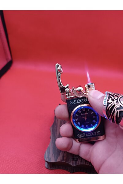 Hunter Saatli Ibikli Hediyelik Şık Isim Yazılabilir Mat Siyah Renk Ahşap Kutulu Çakmak