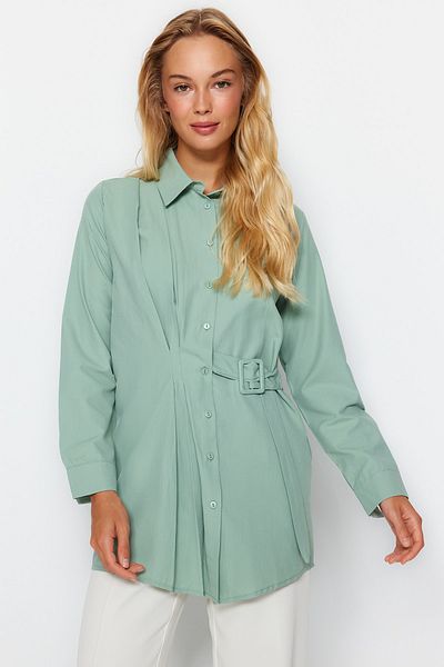 Trendyol Modest Tkaná košile Dark Mint Belted TCTAW24TG00014