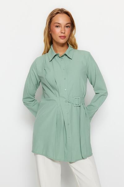 Trendyol Modest Dark Mint Belted Woven Shirt TCTAW24TG00014