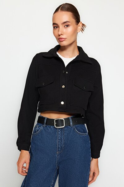 Trendyol Collection Fekete Crop Bélyegzett kabát kabát TWOAW24MO00131