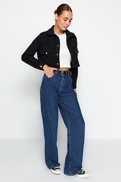 Trendyol Collection Fekete Crop Bélyegzett kabát kabát TWOAW24MO00131