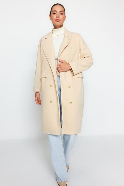 Trendyol Collection Ecru Oversize Wide Cut Gold Button Detailed Long Stamp Coat TWOAW24KB00154