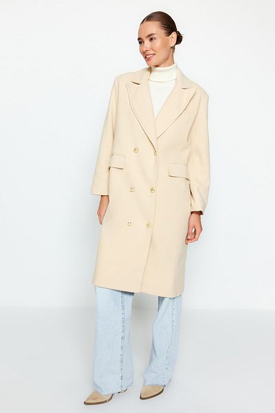 Trendyol Collection Ecru Oversize Wide Cut Gold Button Detailed Long Stamp Coat TWOAW24KB00154
