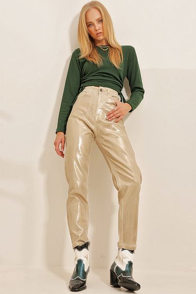 Trend Alaçatı Stili Gold Plaster Mom Jeans-Hose für Damen ALC-X10862