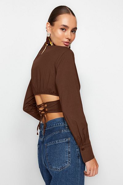 Trendyol Collection Πουκάμισο από ποπλίνα καφέ Crop με λεπτομέρεια κορσέ TPRAW23GO00004