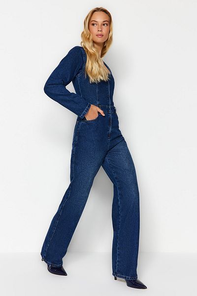 Trendyol Collection Salopetă din denim cu fermoar, albastru închis, cu guler pătrat TWOAW24TU00018