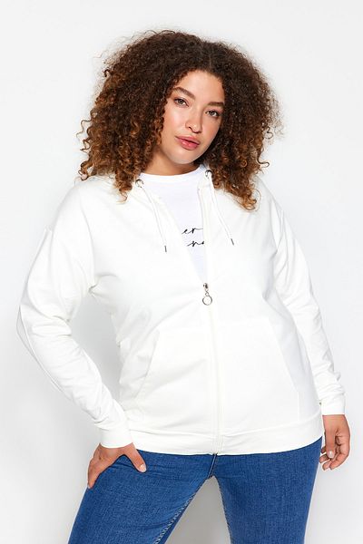 Trendyol Curve Ecrufarbenes, dünnes Strick-Sweatshirt mit Kapuze und Reißverschluss TBSSS22SW0169