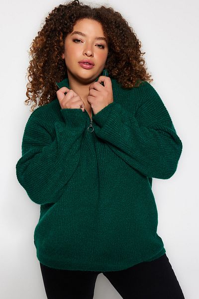 Trendyol Curve Grüner Strickpullover mit Reißverschluss TBBAW24AN00054