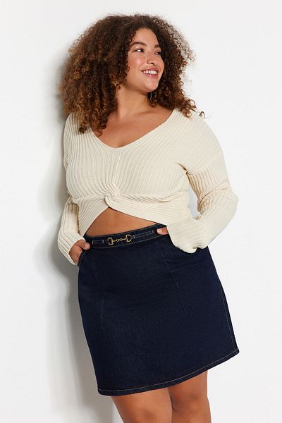 Trendyol Curve Fustă Denim detaliată Accesorii Albastru închis TBBAW24AZ00012