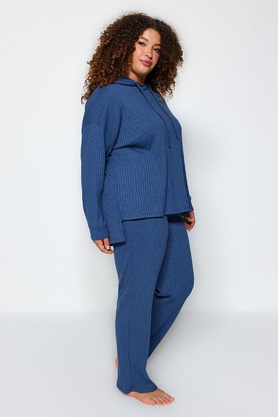Trendyol Curve Indigo Plus Size Relaxed Fit με κουκούλα πλεκτό σετ καμιζόλας - TBBAW23CP00016