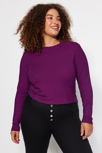 Trendyol Curve Plum Bodycone/Body Sitting Ribbed Knitted Plus Size Blouse Tbbaw23Af00016