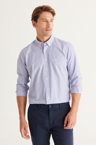 AC&Co / Altınyıldız Classics Cămașă cu dungi din bumbac, pentru bărbați, albastru-alb, slim fit, cu guler cu nasturi