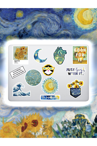 Katze Stickers Van Gogh Temalı Laptop Defter Tablet Valiz Sticker Seti