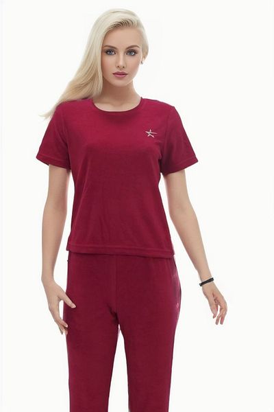 MY STAR HOME Cherry Cotton 2 Piece Terry Cloth Long Bottom & Short Sleeve Top Homewear Women's Towel Set