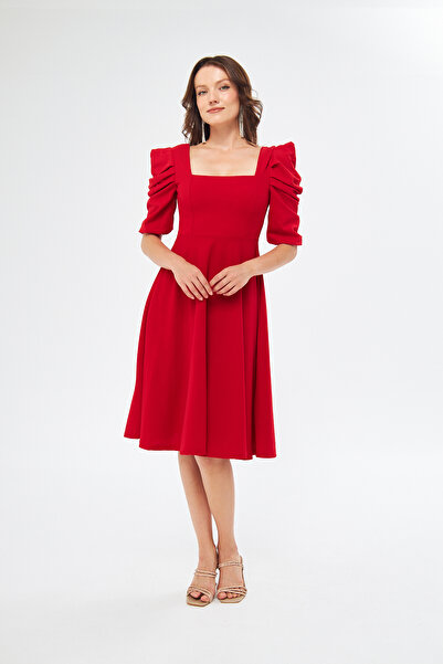 bayansepeti Flexible Crepe Fabric Short Sleeve Square Neck Midi Length Flared Cut Red Dress 080