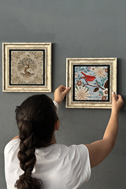 Oscar Stone Decor Çerçeveli Taş Duvar Dekoru Tablo 30x30cm 2'li Set (540-1259) Hayat Ağacı Kuş