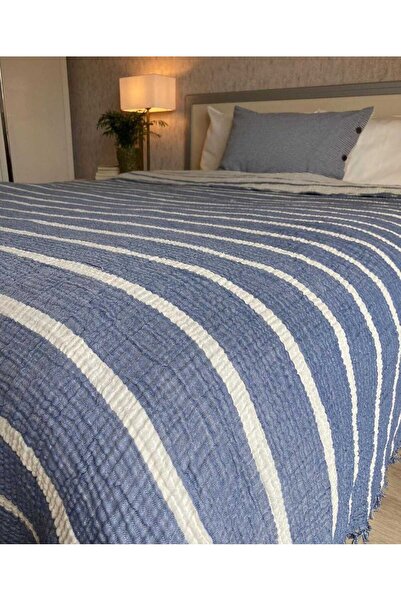 YASEMİNİNEVİ Indıgo Çizgili Tek Kişilik Müslin Yatak Örtüsü / Pike Takımı ( 1 Yastık Kılıflı )