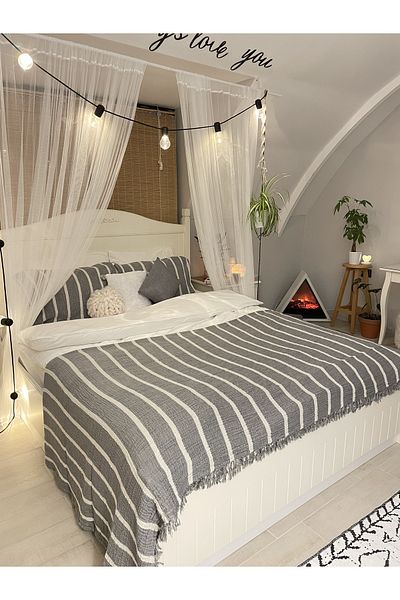 YASEMİNİNEVİ Anthracite Striped Single Muslin Bedspread / Pique Set (1 Pillow Case)