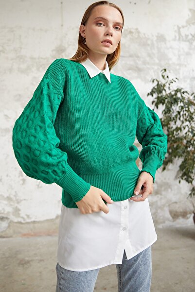 InStyle Larisa Balon Kol Triko Kısa Kazak - Yeşil