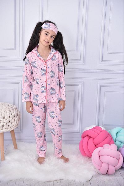 pistyle Girl's Buttoned Pink Unicorn Patterned Sleeping Band Top and Bottom Set