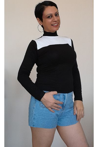 Mertcan Butik Tricou jumatate pescar negru din bumbac pieptanat din vascoza cu bloc de culoare alb