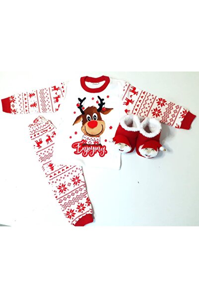 Süpermini Bilgetrend New Year New Year Christmas Ethnic Patterned Pajamas and Slippers Set
